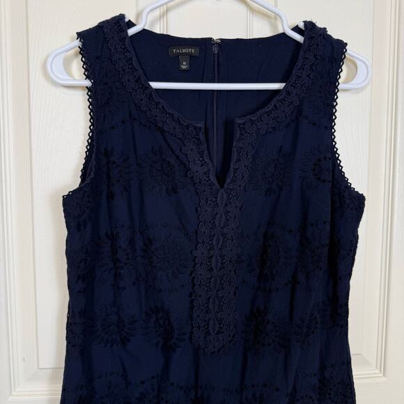 Talbots Navy Eyelet Shift Dress Size 10 100% Cotton EUC Classic, Coastal - Picture 2 of 8
